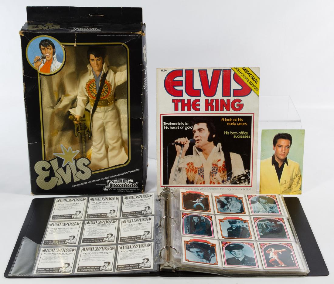 Elvis Presley and Charlie's Angels Collectible: Elvis Presley and Charlie's Angels Collectible Assortment Including a 1984 vinyl Elvis doll in box by Eugene Doll Co., a 1977 'Elvis the King' collector magazine, an Elvis 'Easter Greetings' postcard