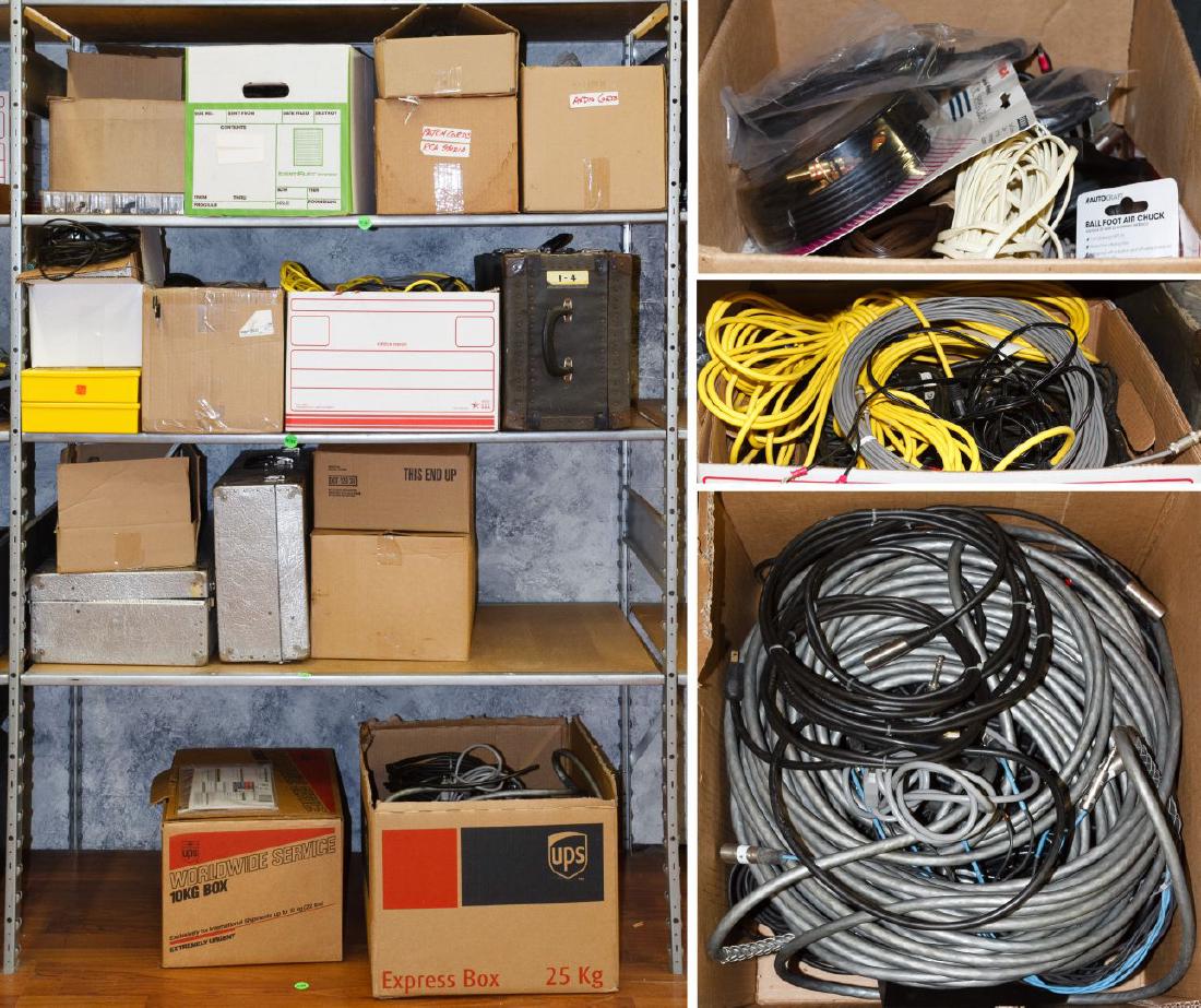 Electrical Stereo Cord Assortment: Electrical Stereo Cord Assortment Including four shelves of cords and wires for sound, video and music equipment; provenance: consigned by a professional producer and longtime recording artist Categor