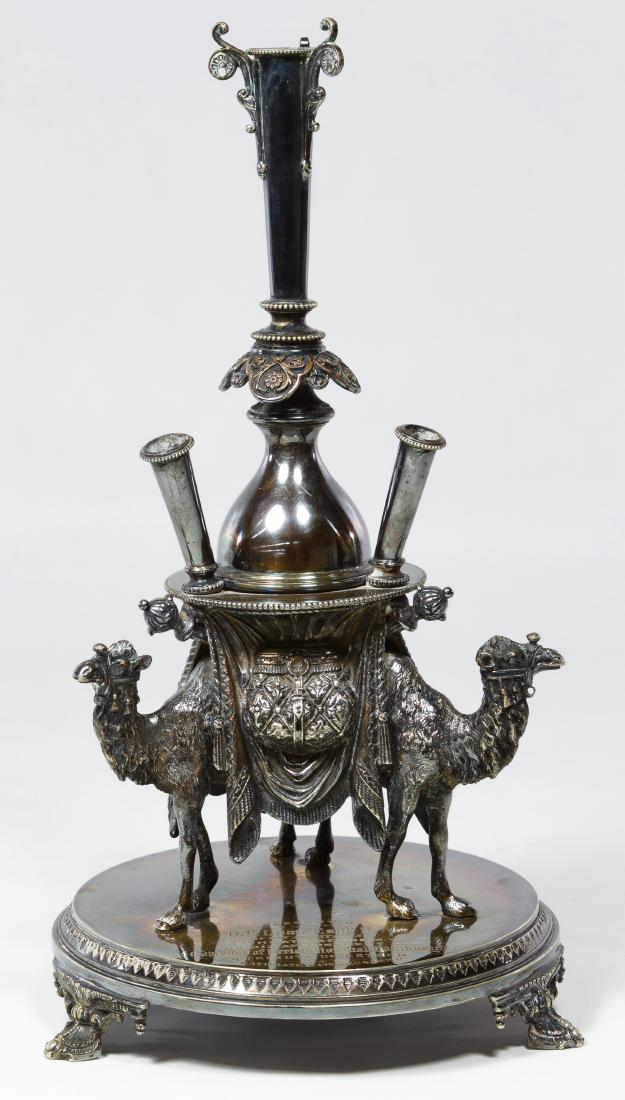 Horace Woodward Silverplate Pen Holder: Horace Woodward Silverplate Pen Holder 1880; pen holder having footed base, three camel pedestal holding three holders and a center upright holder; presented from Bathgate Academy to the new Governor 