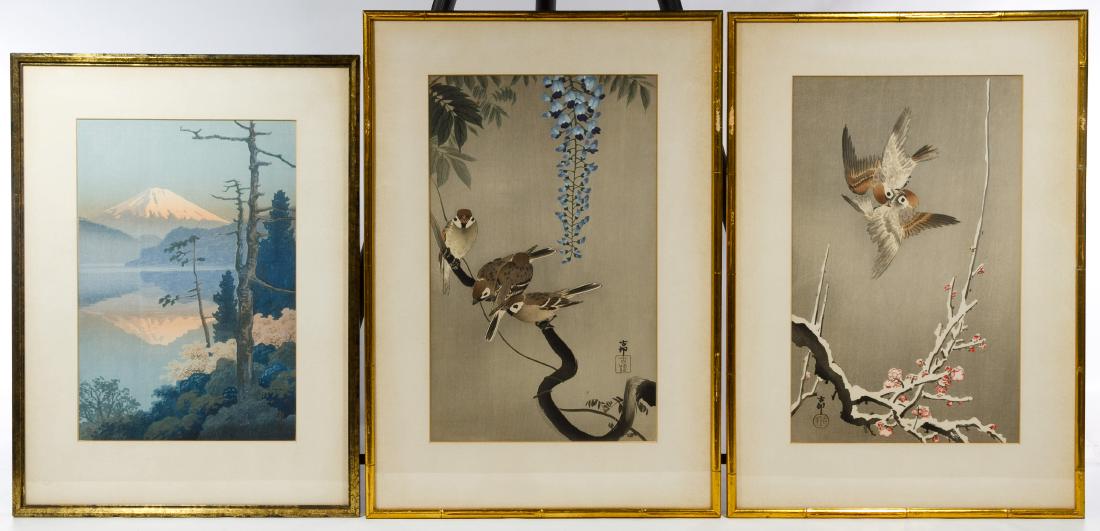 Ohara Koson (Japanese, 1877-1945) Framed Prints: Ohara Koson (Japanese, 1877-1945) Framed Prints Two birds prints with character marks lower left or right; together with an Asian print of a mountain with character marks lower right Height: 16.50 inc