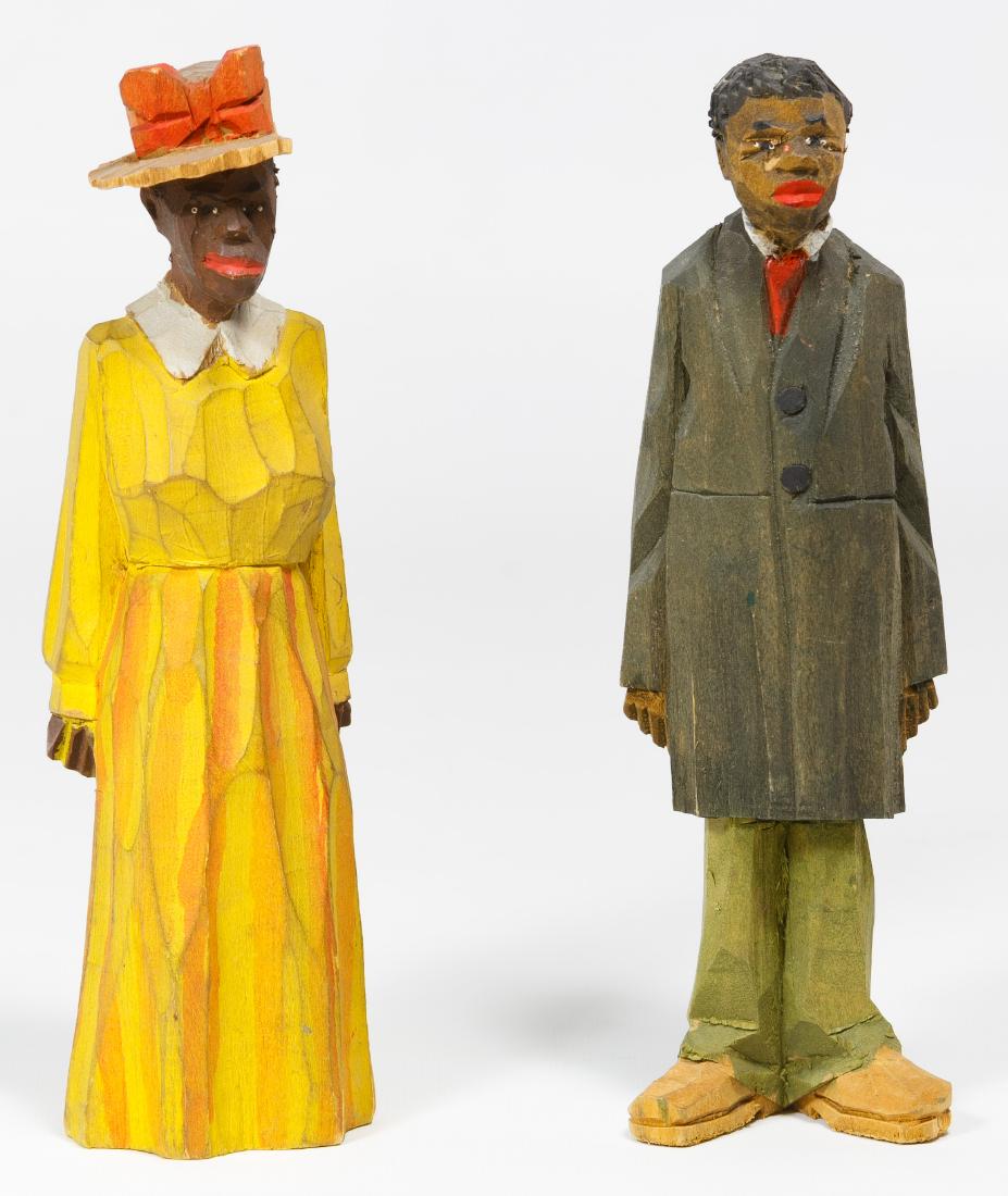 Adrian Woodall (American, 1888-1969) Black Americana: Adrian Woodall (American, 1888-1969) Black Americana Carved Wood Figurines Undated, both pencil signed on the bottom Height: 6.50 inches (tallest) Category: Decorative Arts > Ethnographic Shipping Sta