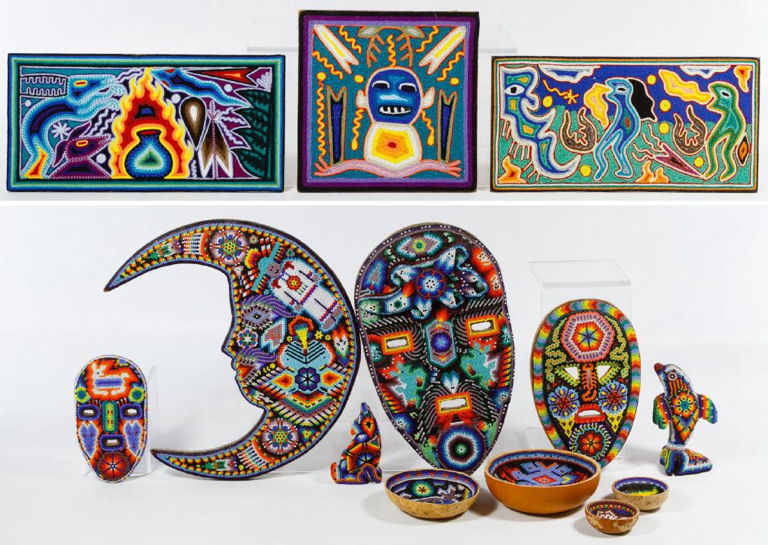 Mexican Huichol Beaded and Embroidered Decorative: Mexican Huichol Beaded and Embroidered Decorative Object Assortment Including (3) embroidered wall plaques signed by the artists en verso, (3) beaded wood mask wall hangings, a beaded wood moon by Jul