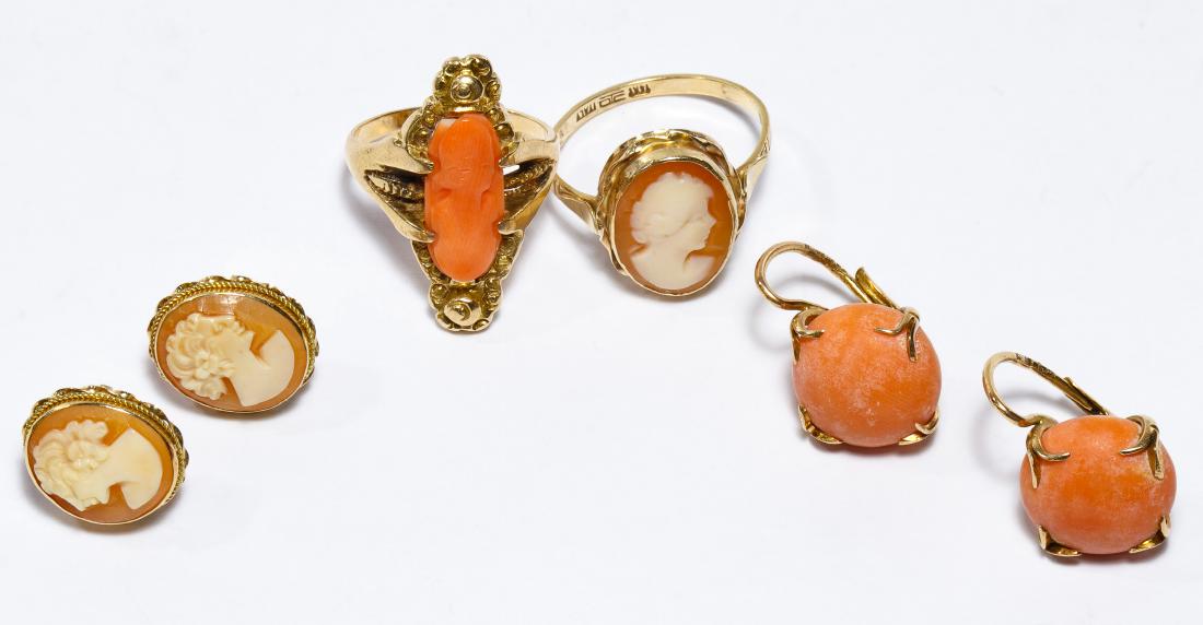14k Gold, Carved Coral and Shell Cameo Jewelry: 14k Gold, Carved Coral and Shell Cameo Jewelry Assortment Including two pair of pierced earrings and two rings; most marked '14k' Length: 0.75 inches Size: 5, 7.5 Weight: 9.39 dwts. (total weight) Cat