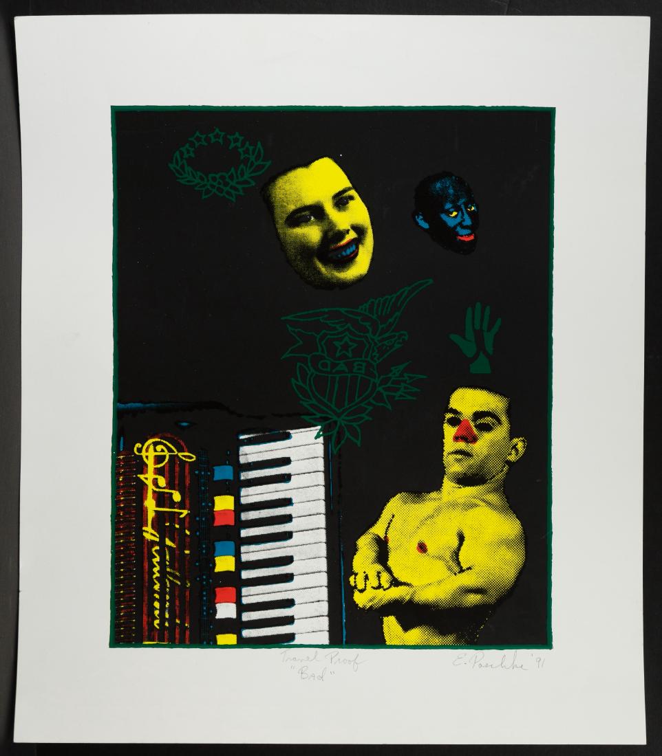 Ed Paschke (American, 1939-2004) 'Bad' Lithograph: Ed Paschke (American, 1939-2004) 'Bad' Lithograph 1991, signed lower left, depicting circus and vaudeville figures with an accordion; 'travel proof', unframed Height: 15.00 inches, Width: 12.00 inches