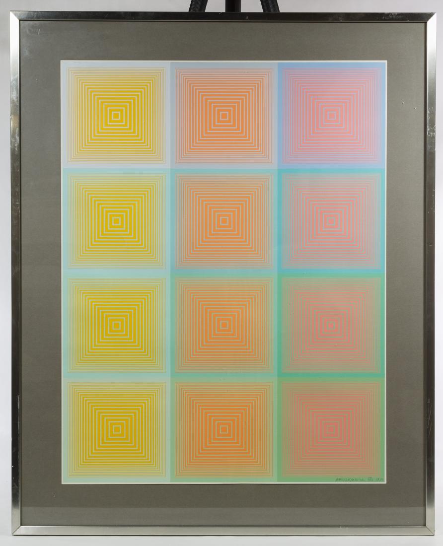 Richard Anuszkiewicz (American, b.1930) Lithograph: Richard Anuszkiewicz (American, b.1930) Lithograph 1970, signed lower right, numbered 39/100, depicting abstract lines with optical illusion Height: 26.75 inches, Width: 19.75 inches Frame Size: 31.75
