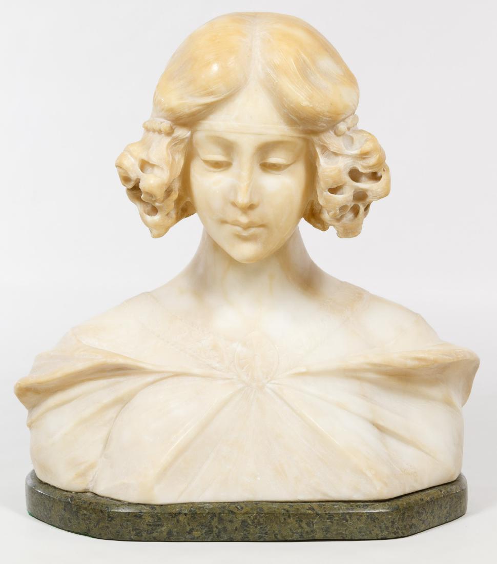 Alabaster Carved Female Bust: Alabaster Carved Female Bust 20th Century, unsigned, mounted on a marble plinth Height: 14.00 inches, Width: 13.00 inches, Depth: 5.50 inches Category: Fine Art > Sculpture Shipping Status: Leonard Au