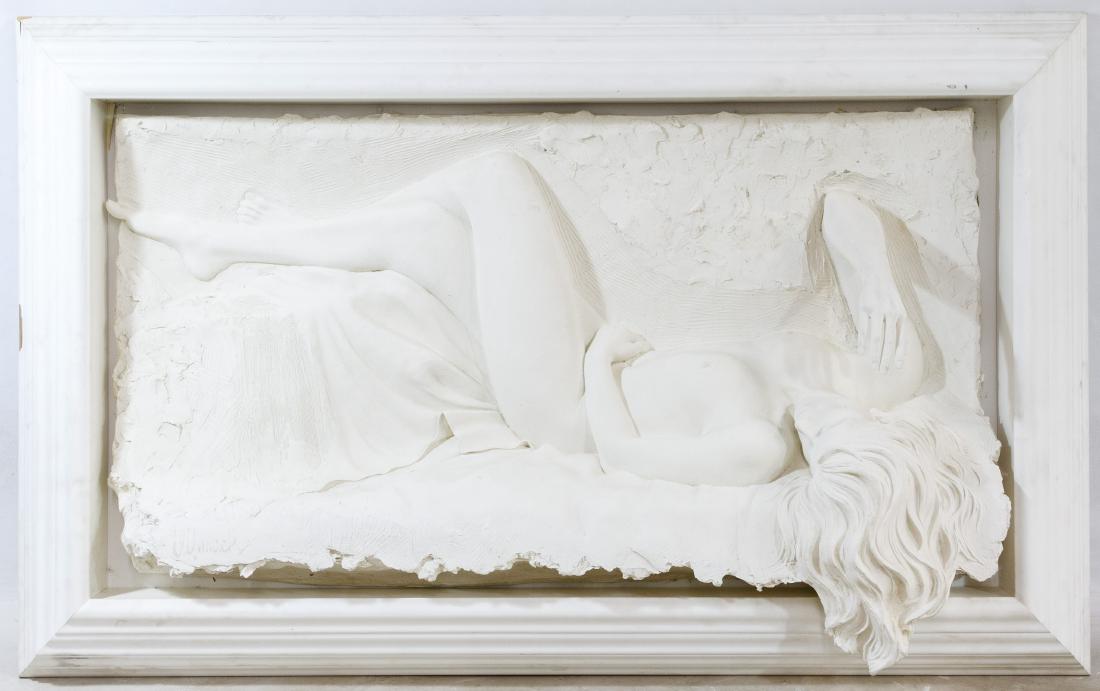 Bill Mack (American, b.1949) 'Rhapsody' Bonded Sand: Bill Mack (American, b.1949) 'Rhapsody' Bonded Sand Sculpture c.1995, signed lower left, depicting a lounging female Height: 28.00 inches, Width: 56.00 inches, Depth: 13.00 inches (sight) Frame Size: