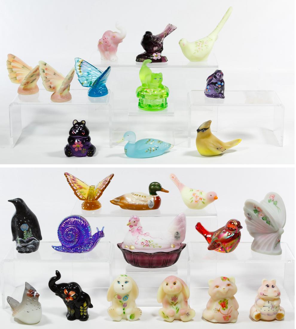 Fenton Glass Animal Figurine Assortment: Fenton Glass Animal Figurine Assortment Twenty-fiveitems including hand painted, artist signed and /or limited edition duck, hen on nest, rabbit, cat, elephant, snail, cat, penguin and hippo figurines