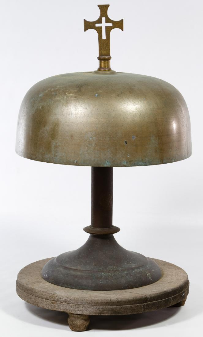Vanduzen & Tift Brass Sanctus Bell: Vanduzen & Tift Brass Sanctus Bell c.1880, stamped maker mark to the inside of the bell, attached wood base, cross on the top; made in Cincinnati Height: 19.50 inches, Diameter: 10.00 inches Category: