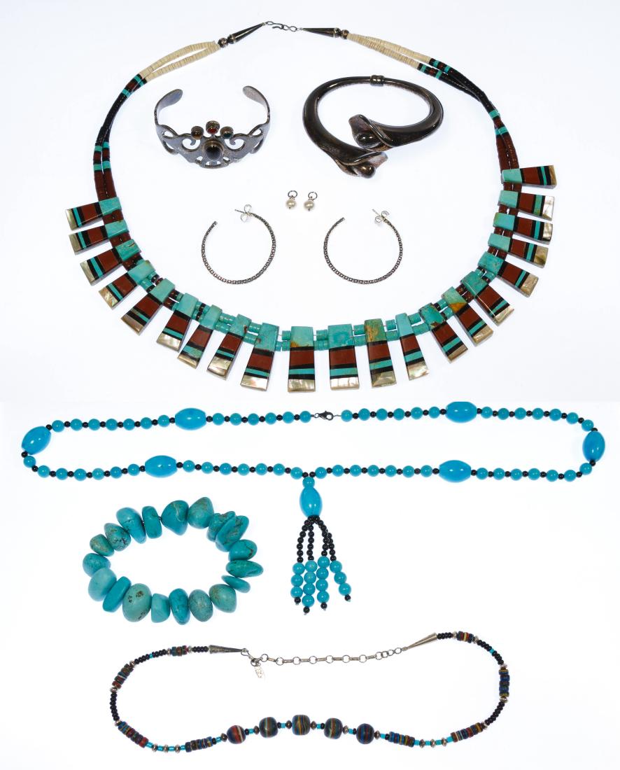 Sterling Silver and Stone Jewelry Assortment: Sterling Silver and Stone Jewelry Assortment Including three necklaces by Running Bear, Rising Sun and SJI, three bracelets by Itaor, IL and marked '950' by TE-95 and a pair of Michael Dawkins pierced