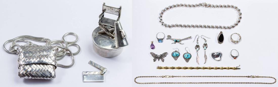 Tiffany & Co. Sterling Silver Assortment: Tiffany & Co. Sterling Silver Assortment Including a 'Director's Chair' trinket box, an Inro necklace and 'Full Heart' pin by Elsa Peretti; all marked '925'; together with sterling silver jewelry asso