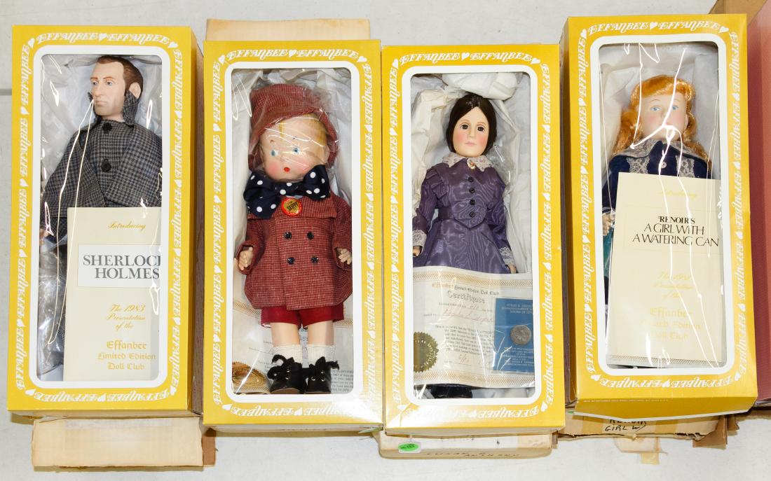 Effanbee Vinyl Doll, Doll Carriage and Book Assortment: Effanbee Vinyl Doll, Doll Carriage and Book Assortment Including (12) Effanbee vinyl dolls with original shipping boxes, a wicker doll carriage, a cloth parasol and doll reference books and magazines