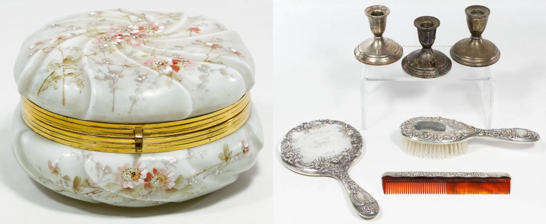 Sterling Silver Candlestick and Dresser Assortment: Sterling Silver Candlestick and Dresser Assortment Weighted sterling pieces including (3) small candlesticks and a Gorham silver backed hand mirror, brush and comb set, all marked 'sterling;' together