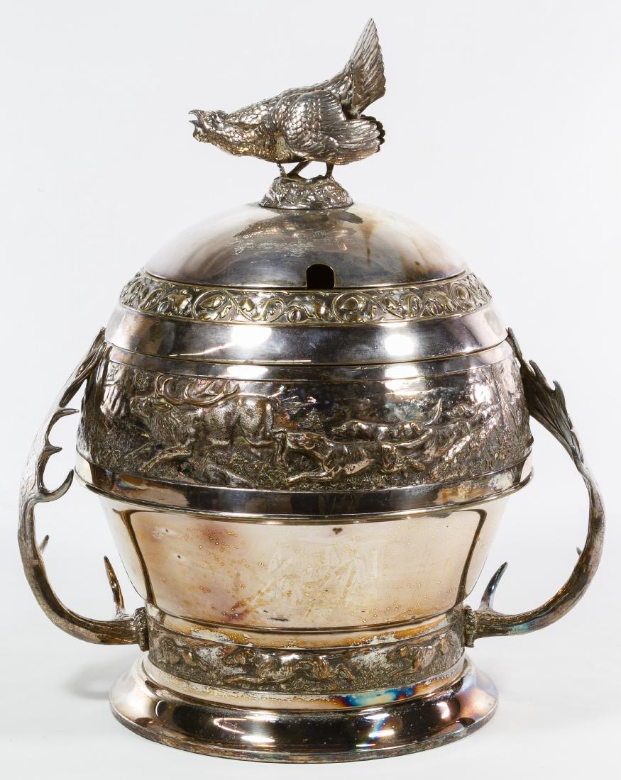 Wurttembergische Metallwarenfabrik (WMF) Silverplate: Wurttembergische Metallwarenfabrik (WMF) Silverplate Tureen Having antler handles, dog hunting scenes, turkey finial, stamped marks to the underside Height: 19.50 inches, Width: 15.50 inches, Depth: 1