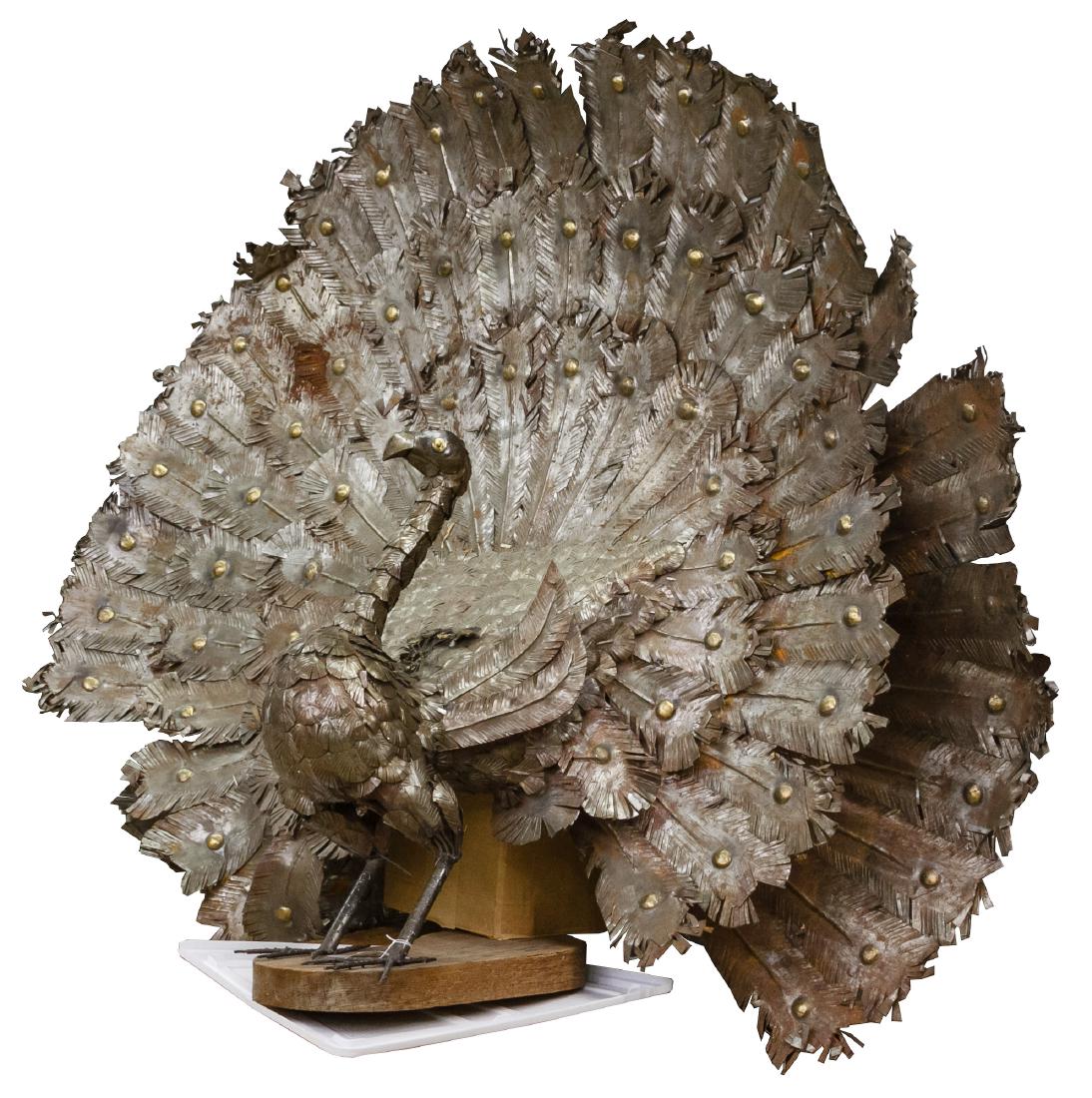 (Attributed to) Sergio Bustamante (Mexican, b.1949): (Attributed to) Sergio Bustamante (Mexican, b.1949) Brass and Copper Peacock Unsigned, welded brass and copper, mounted on a wood plinth Height: 53.00 inches, Width: 64.00 inches, Depth: 26.00 inches 