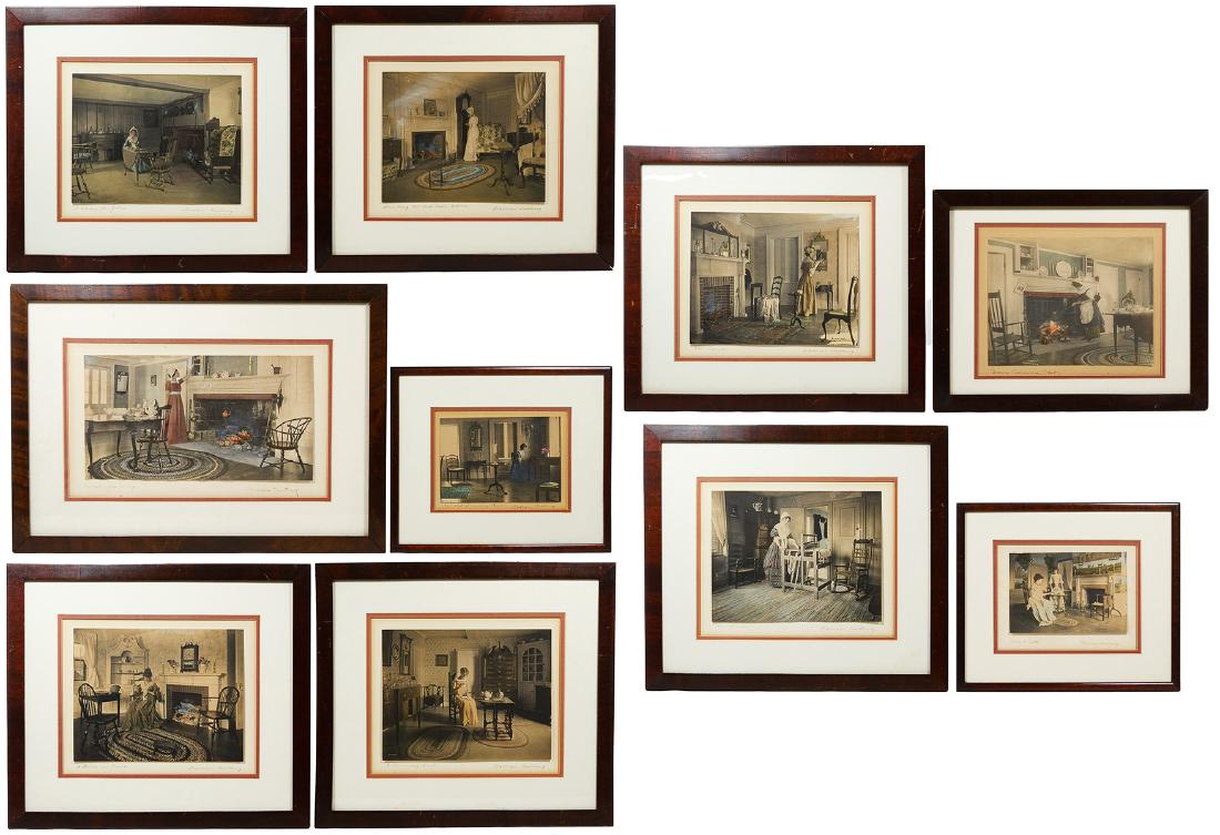 Wallace Nutting (American, 1861-1941) Tinted: Wallace Nutting (American, 1861-1941) Tinted Photographic Prints (10) framed hand-colored Colonial Revival style scenic interior prints with most signed lower right including An Old Drawing Room, Teac