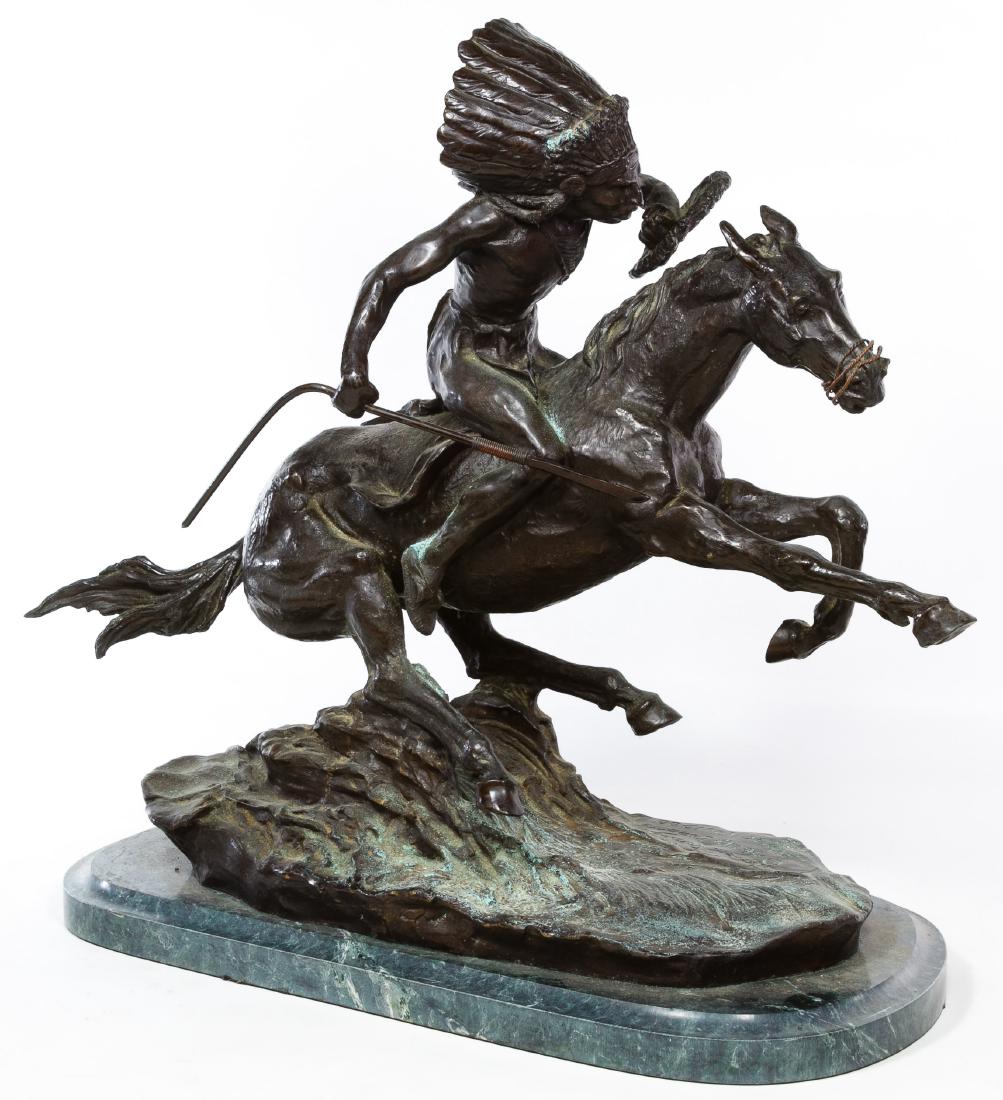 (After) Frederic Remington (American, 1861-1909): (After) Frederic Remington (American, 1861-1909) 'Indian Warrior' Bronze Statue 20th Century, produced by Henry Bonnard Bronze Co., mounted on a marble plinth Height: 20.00 inches, Width: 22.00 inches