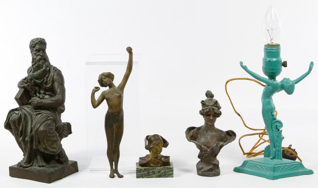 Bronze Seated Moses Statue: Bronze Seated Moses Statue 20th Century, unsigned, depicting a seated Moses, cement filled; together with a bronze bust on a marble plinth illegibly signed on the back, a metal a Frankart Style Art De