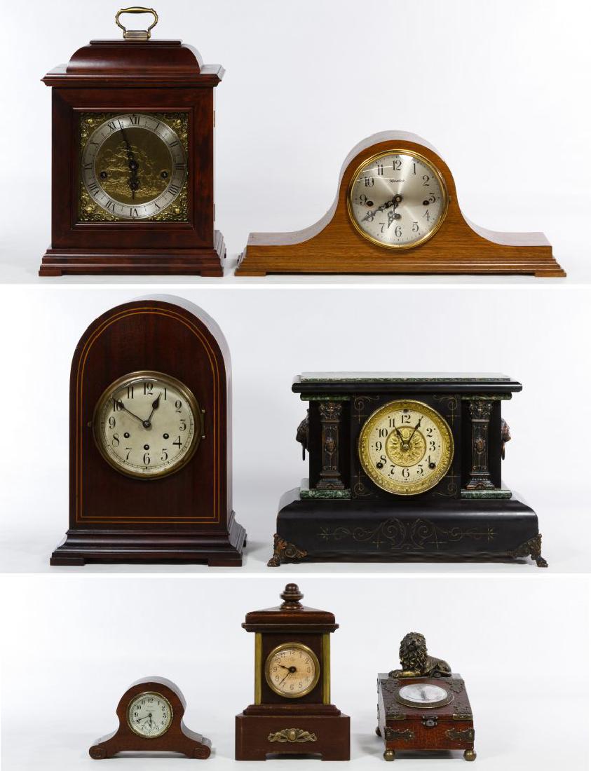 Mantel and Table Clock Assortment: Mantel and Table Clock Assortment Seven items including a Gustav Becker chiming model #2036805, a Seth Thomas Adamantine, a German Wuersch chiming model #1050 with those three having pendulums; as wel