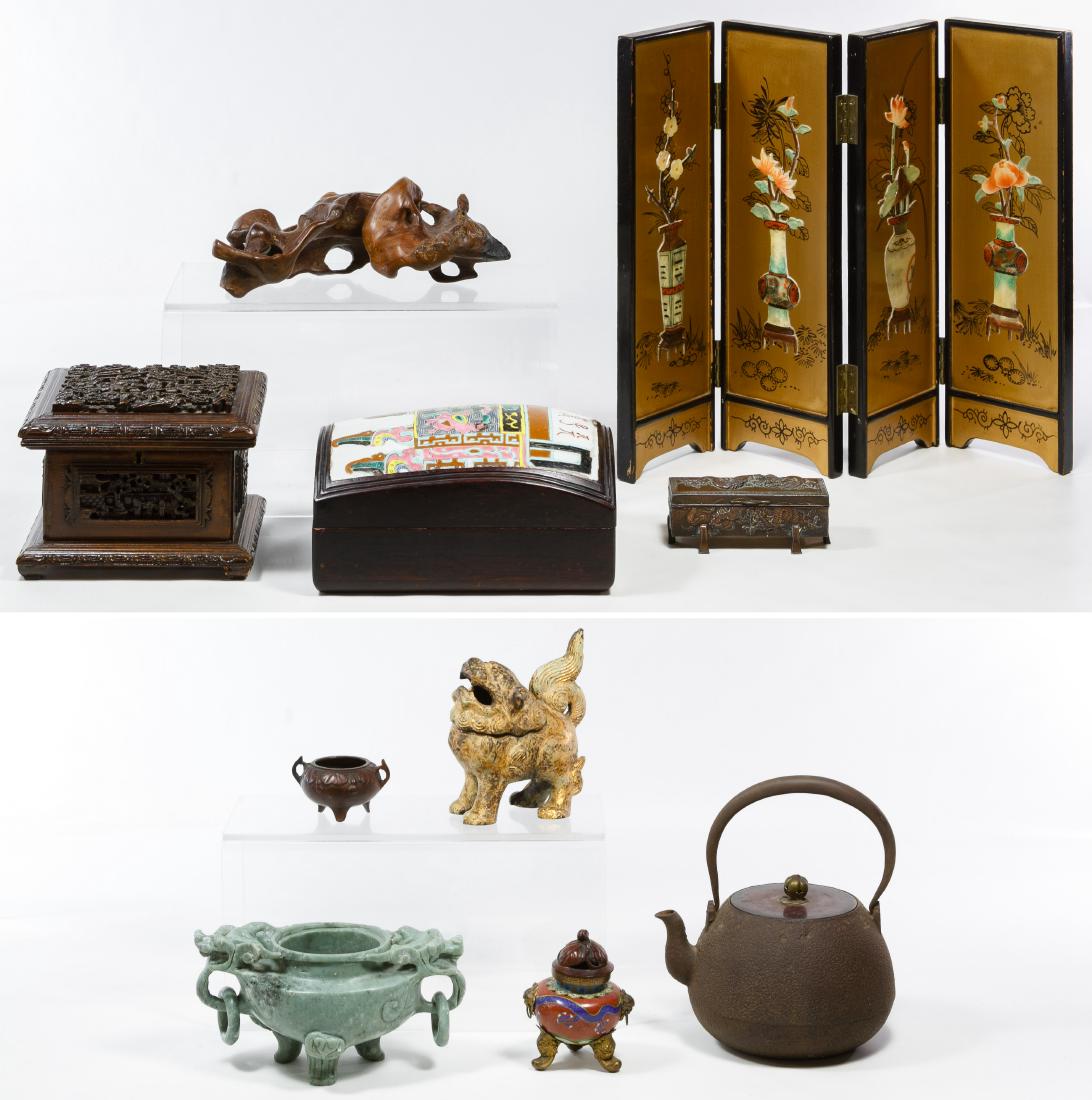 Asian Cast Iron Teapot, Incense Burner and Dresser Box: Asian Cast Iron Teapot, Incense Burner and Dresser Box Assortment Including a cast iron teapot with incised character marks on underside of lid; a carved soapstone burner, a cloisonne burner, a metal 