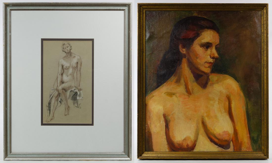 (Style of) Aaron Bohrod (American, 1907-1992) 'Nude': (Style of) Aaron Bohrod (American, 1907-1992) 'Nude' Conte Crayon on Paper Undated, unsigned, depicting a nude female; together with an oil on board painting of a nude female signed illegibly bottom c