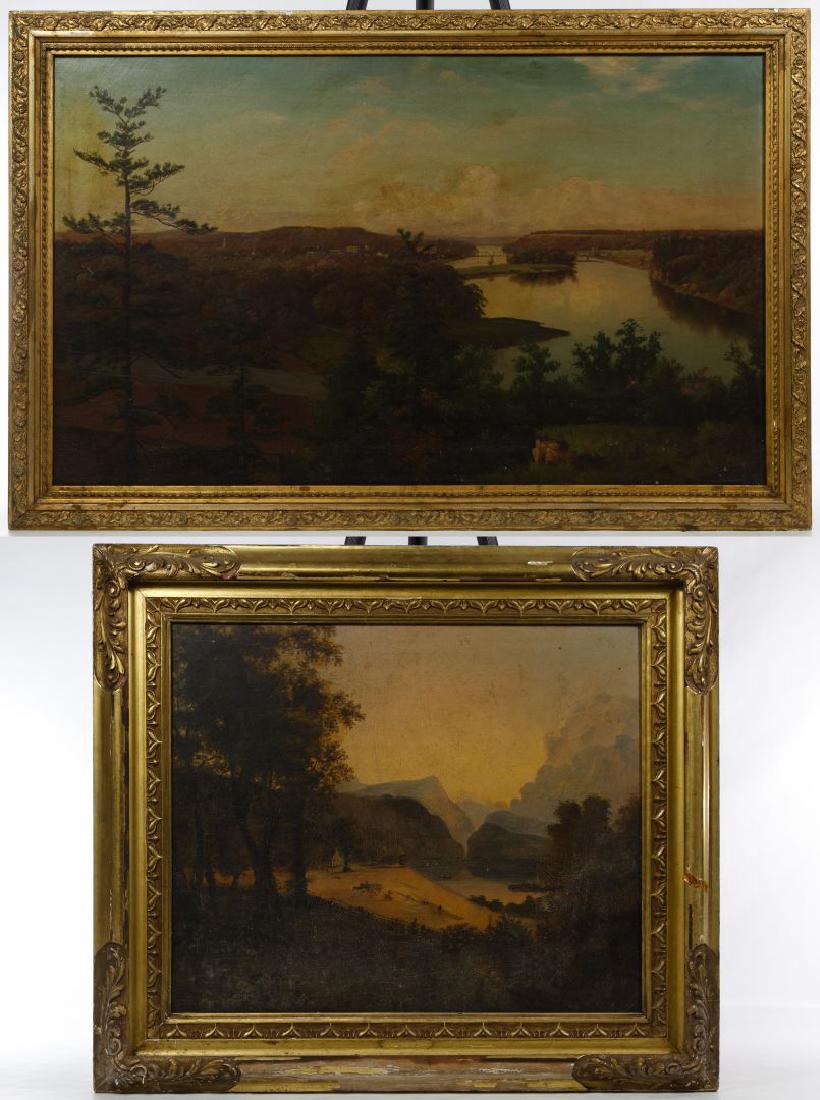 Hudson River School (American, 19th Century) Landscape: Hudson River School (American, 19th Century) Landscape Paintings Two undated and unsigned items including an oil on canvas depicting a burgeoning river town as well as an oil on board depicting a earl