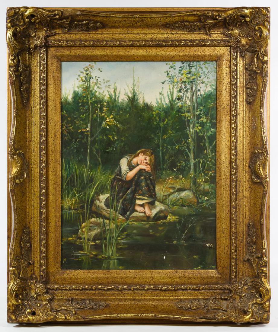 British School (European, 19th Century) Oil on Board: British School (European, 19th Century) Oil on Board c.1875, signed 'RA' lower left, depicting a female seated on a rock; attached 'Biggs & Sons Carvers, Gilders and Picture Restorers' label en verso