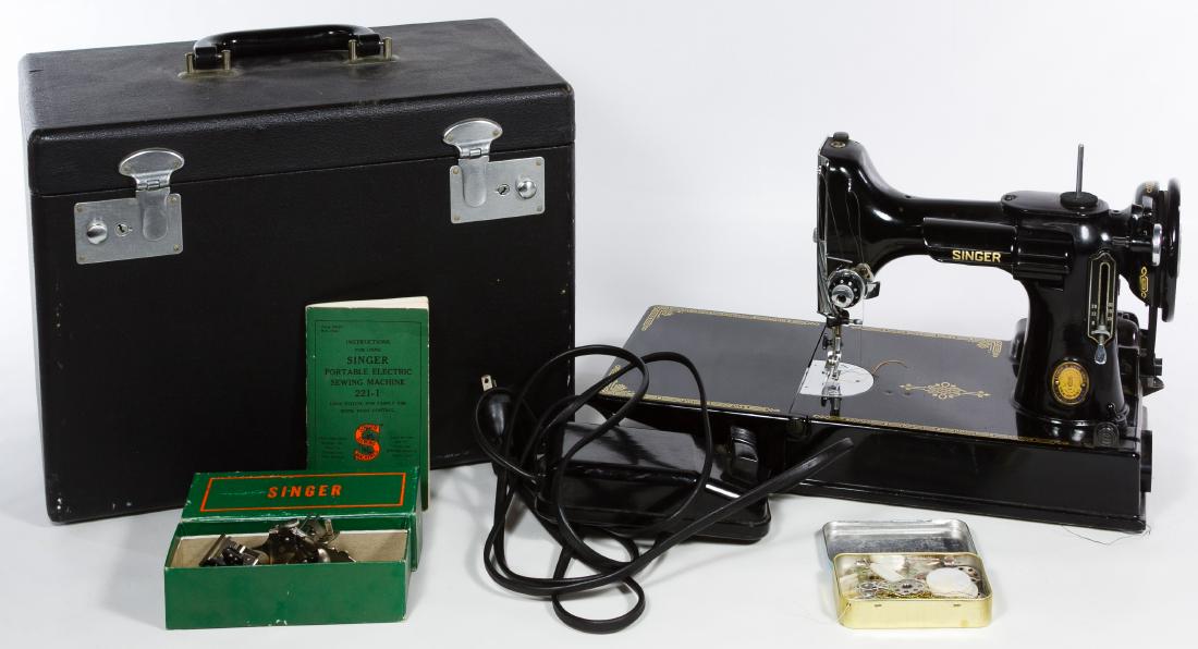 Singer 'Featherweight' Sewing Machine: Singer 'Featherweight' Sewing Machine Model 678-3A serial #AK412056, centennial edition; together with case and accessories Height: 12.00 inches, Width: 14.50 inches, Depth: 8.00 inches (case) Categor