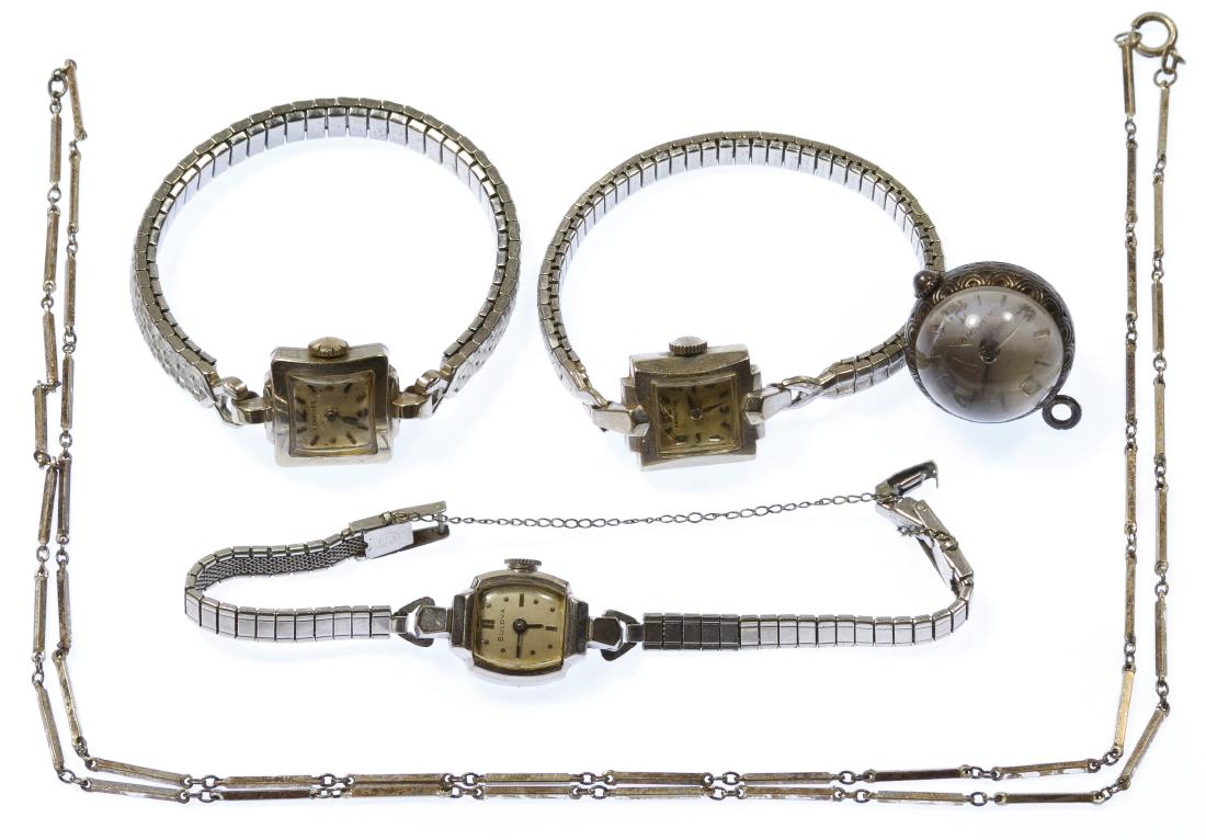 14k Gold, Sterling Silver and Gold Filled Watch: 14k Gold, Sterling Silver and Gold Filled Watch Assortment Including 14k white gold case wrist watches by Longines 4LL 17-jewel and Hamilton 756 19-jewel, sterling silver pendant watch by Hamilton Hug