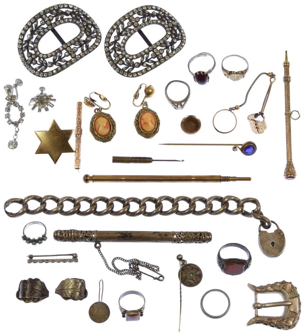 Sterling Silver and Victorian Jewelry Assortment: Sterling Silver and Victorian Jewelry Assortment Sterling silver including (3) rings, a pair of earrings, a bracelet, a belt buckle, a bar pin, a pen holder and (2) coins altered for jewelry with most
