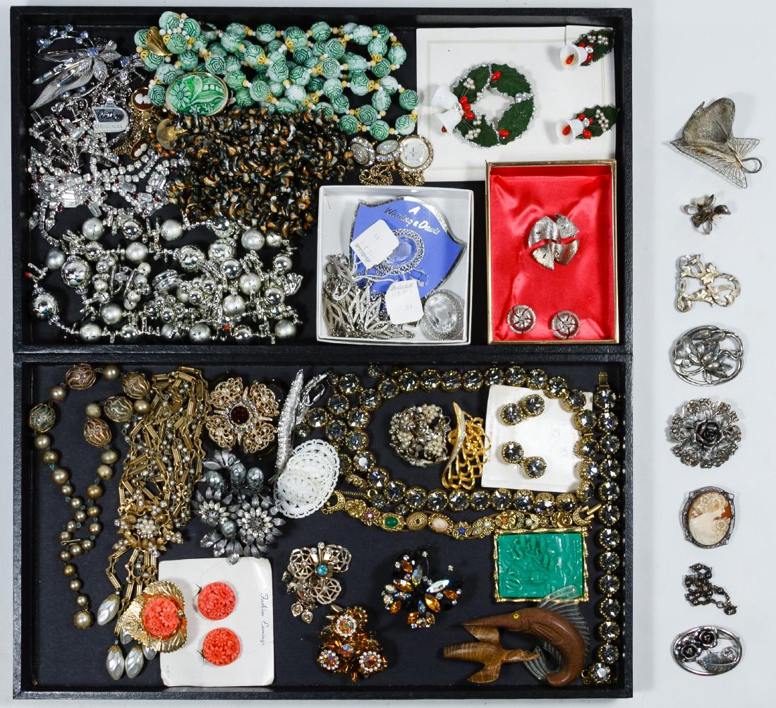 Sterling Silver, Designer and Jewelry Set Assortment: Sterling Silver, Designer and Jewelry Set Assortment Including sterling and (.800) silver, Hattie Carnegie, Capri, Vendome, Goldette, Lucite and wood pins, unsigned Miriam Haskell style necklaces as w