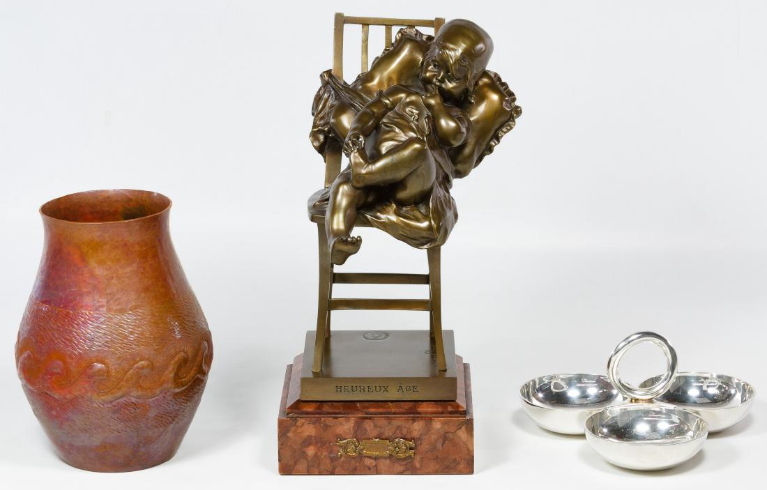 Decorative Metal Object Assortment: Decorative Metal Object Assortment Three items including an R. Ramirez signed copper vase, an (after) Clara Juan 'Heureux Age' bronze style unmarked statue of a seated child and a Christofle marked th