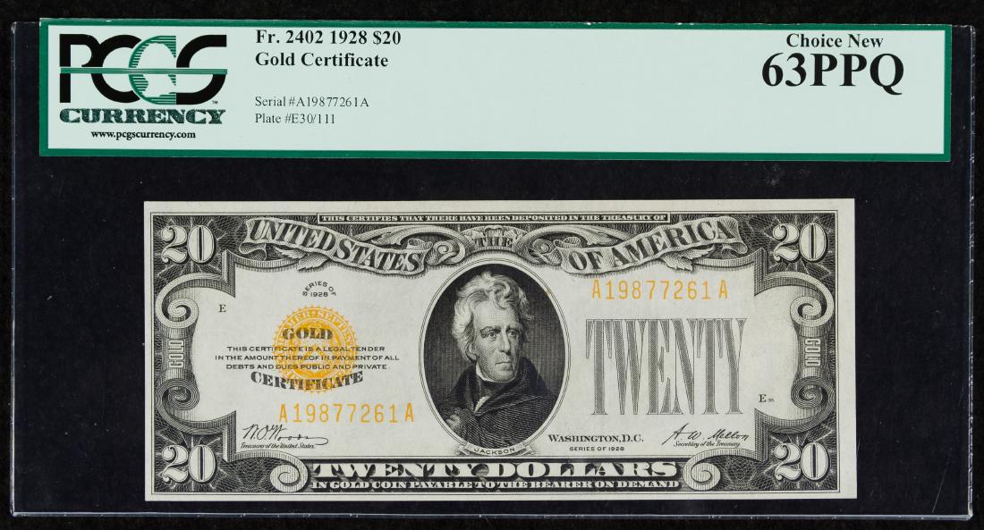 1928 $20 Gold Certificate PCGS 63PPQ (1 of 2)