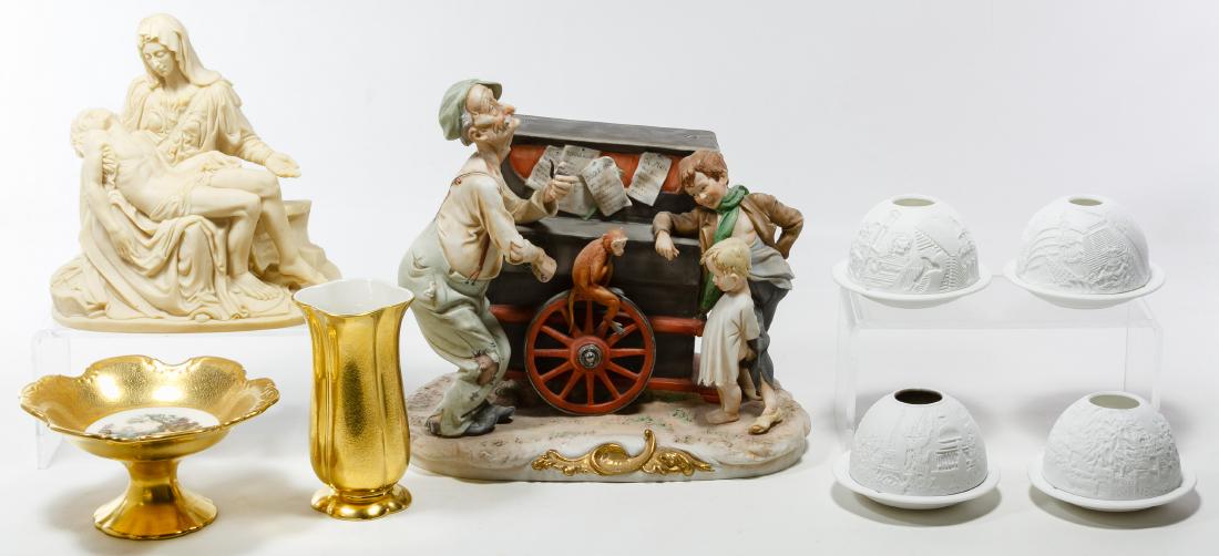 Capodimonte Figural Group and French Porcelain: Capodimonte Figural Group and French Porcelain Assortment Including a Capodimonte organ grinder figural grouping, a resin religious statue, (2) Pickard China gilt vessels and (4) Bernardaud Limoges bl