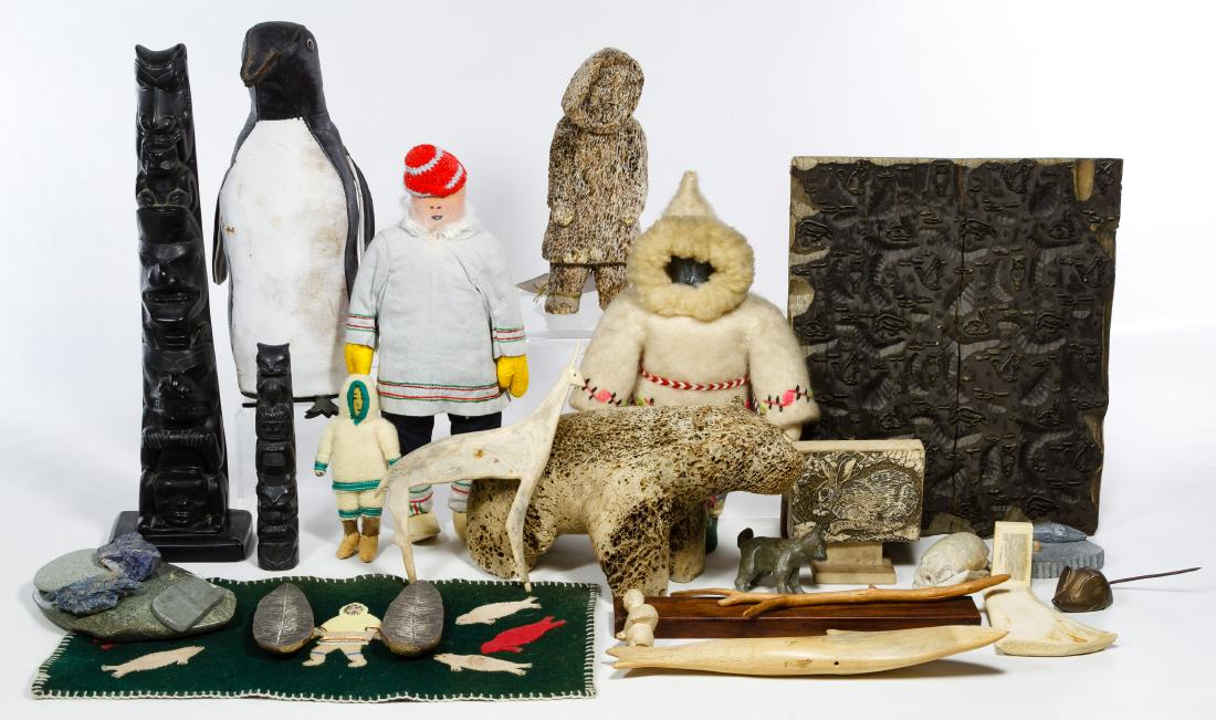 Inuit Ethnographic Object Assortment: Inuit Ethnographic Object Assortment Including (3) Eskimo dolls with one having a paper tag 'Eskimo Art by Elizabee Weetaluktuk,', a fossilized whale bone figure with paper tag marked 'by Ipelee of Ca