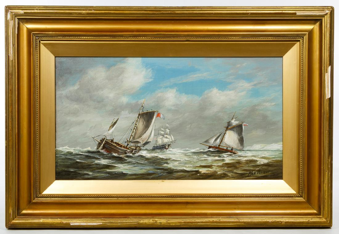Max Parsons (British, 1915-1998) Oil on Board: Max Parsons (British, 1915-1998) Oil on Board Undated, signed lower right, depicting sailing ships Height: 9.50 inches, Width: 17.50 inches (board by sight) Frame Size: 17.00 inches by 25.00 inches Ca