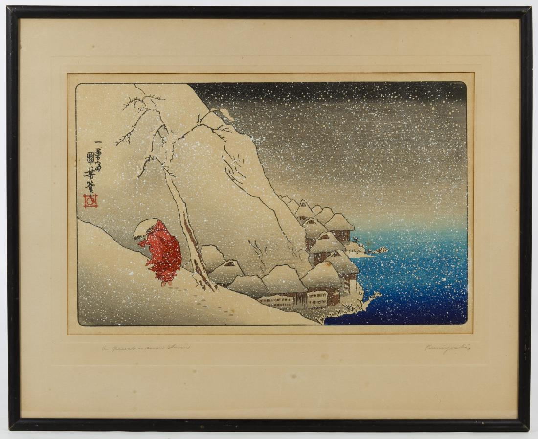 Utagawa Kuniyoshi (Japanese, 1798-1861) 'A Priest in: Utagawa Kuniyoshi (Japanese, 1798-1861) 'A Priest in Snow Storm' Woodblock Print Undated, stamped character marks upper left; pencil signed and titled on the matte Height: 9.00 inches, Width: 14.00 in