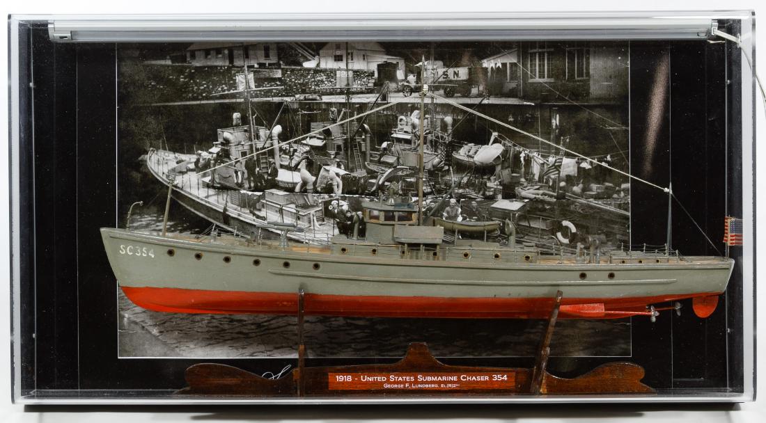 World War I Submarine Chaser #354 Ship Model: World War I Submarine Chaser #354 Ship Model Together with rolled photographs and a display copy of the sailors on SC 354 as well as two other ship models; two ships in plexiglass cases Width: 25.25 i