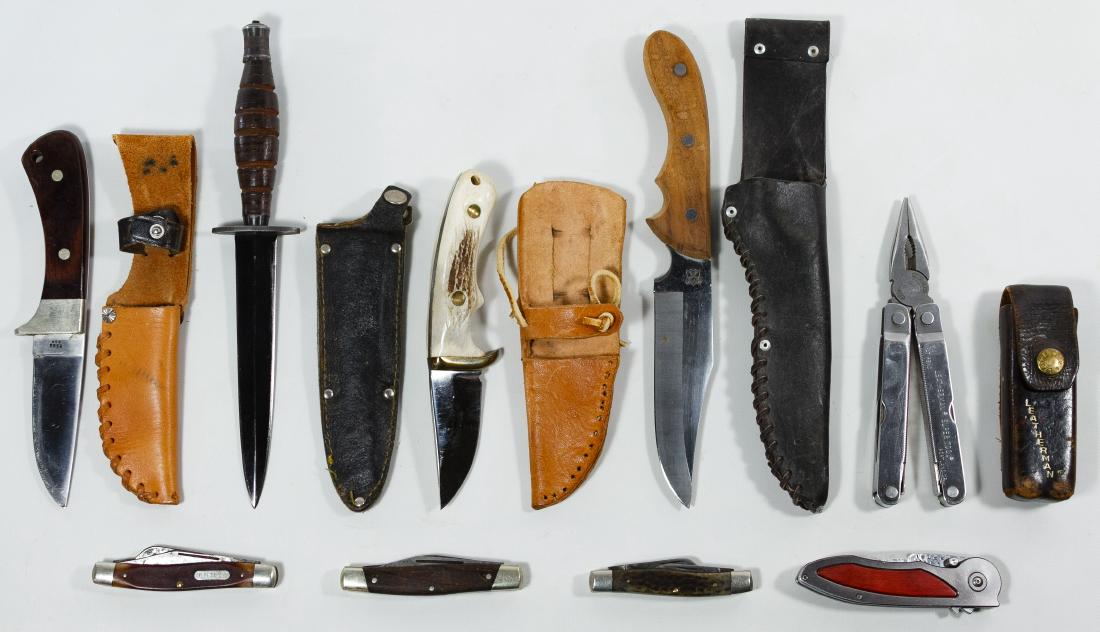 Knife Assortment: Knife Assortment Eight long and pocket knives with examples from Case, Buck, Old Timer and Maxam; together with a super tool by Leatherman; some having sheaths Length: 11.00 inches Category: Military