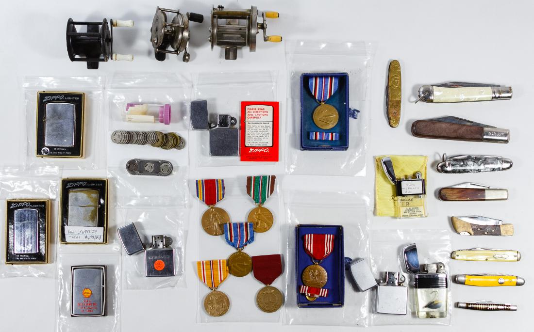 Pocket Knife, Lighter, US Military Medal and Fishing (1 of 1)
