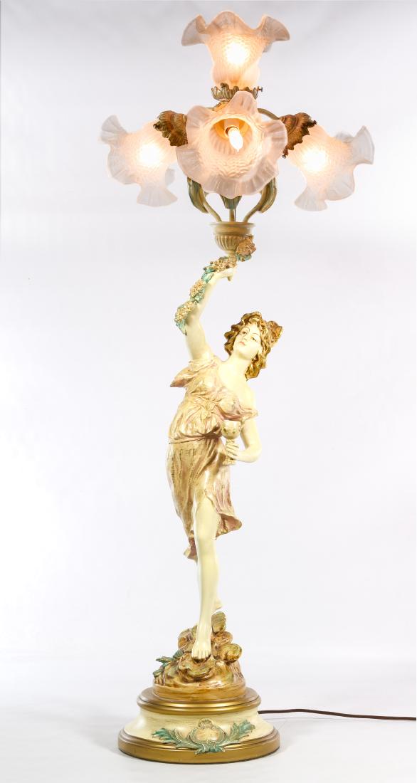 French Style Painted Bronze 'Wine Dancer' Table Lamp: French Style Painted Bronze 'Wine Dancer' Table Lamp Having four lights with ruffled glass shades, stem based on a sculpture by Auguste Moreau; signed on back side L & F Moreau Height: 40.50 inches (t