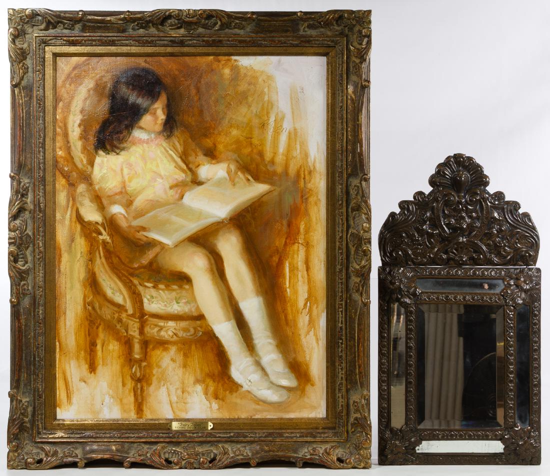 Richard Judson Zolan (American, 1931-2001) 'Fairy: Richard Judson Zolan (American, 1931-2001) 'Fairy Tales' Oil on Canvas Undated, signed upper right, depicting a young seated female reading a book; together with a Rococo style pressed copper over woo