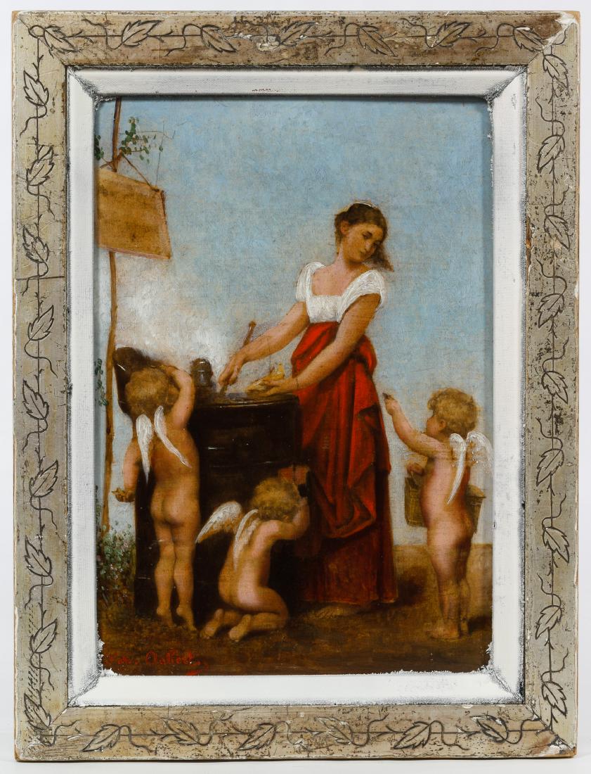 (After) Jean Ernst Aubert (French, 1824-1906) Oil on: (After) Jean Ernst Aubert (French, 1824-1906) Oil on Panel Undated, signed lower left 'd'ap. AuBert,' depicting a female with cherubs; with an 'F. Helaine Paris' mark en verso of board Height: 11.50 i
