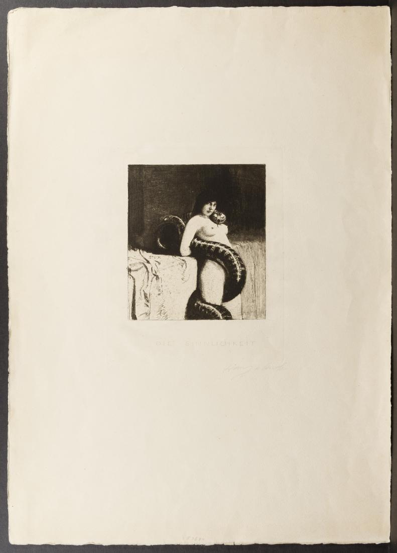 Franz von Stuck (German, 1863-1928) 'The Sensuality': Franz von Stuck (German, 1863-1928) 'The Sensuality' Etching Undated, pencil signed lower right and in plate, pencil inscription 'F3684' at lower center, entitled 'Die Sinnlichkeit' or 'The Sensuality
