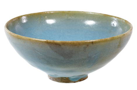 Chinese Chun Yao Style Tea Bowl: Chinese Chun Yao Style Tea Bowl Having a turquoise blue glaze, simple foot with exposed grey tone ceramic base and a 1977 Hycroft Antiques letter attributing bowl to Song Dynasty (960 to 1280) and cit