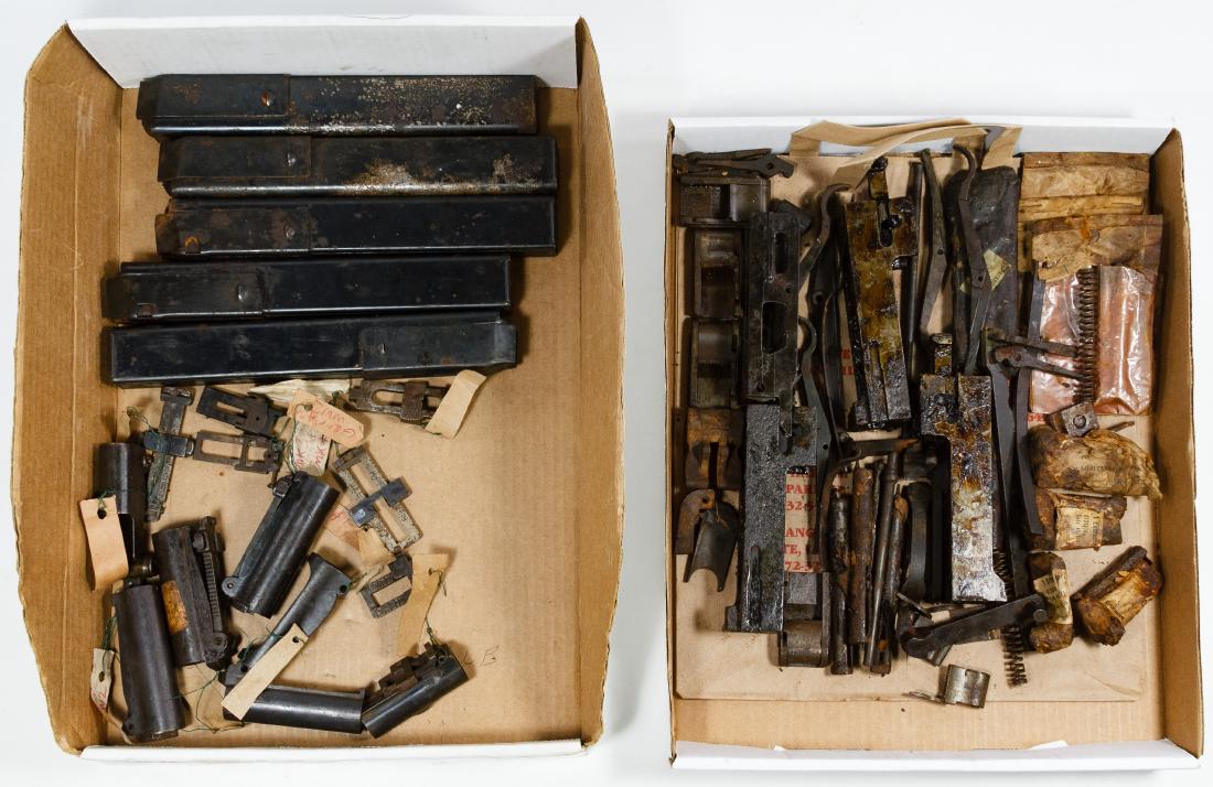 World War II US Gun Part Assortment: World War II US Gun Part Assortment Including (5) M3 sub machine gun magazines, rear sight assemblies for Enfield and Mauser rifles and miscellaneous parts for M1919 Browing machine guns Height: 10.00