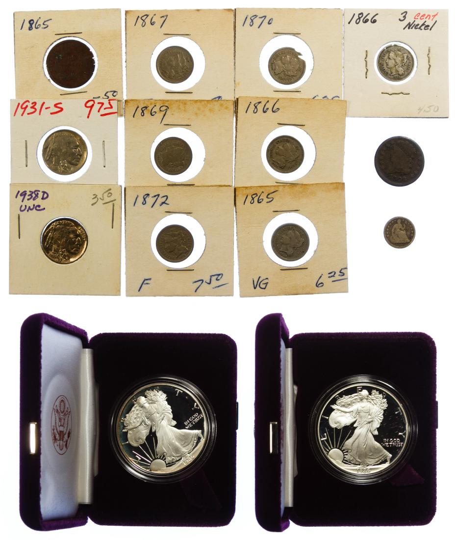 US Coin Assortment: US Coin Assortment Including (2) 1986-S $1 Silver Eagle Proofs; 1809 1/2c VG; 1865 2c; 1865, (2) 1866, 1867, 1869, 1870, 1872 3c; 1851 H10c VG; 1931-S, 1938-D 5c Category: Miscellaneous US Coins > Mix