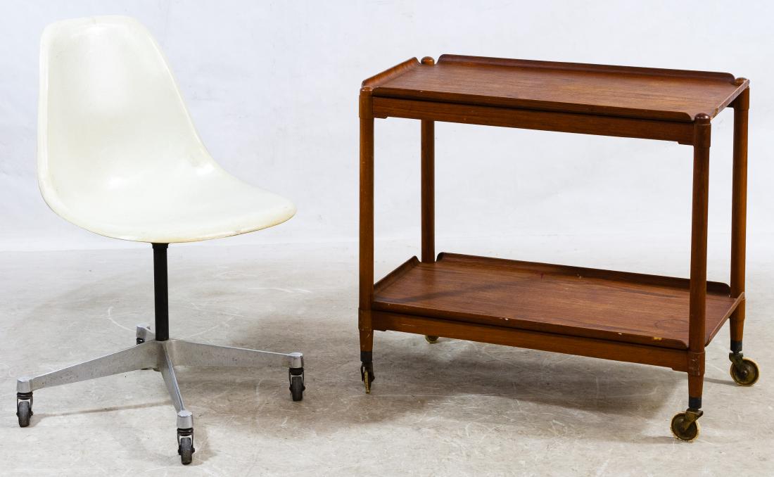 MCM Fiberglass Office Chair (attributed to) Charles: MCM Fiberglass Office Chair (attributed to) Charles Eames for Herman Miller Having a cast aluminum swivel base on wheels supporting an unmarked fiberglass formed side chair; together with an MCM Danis