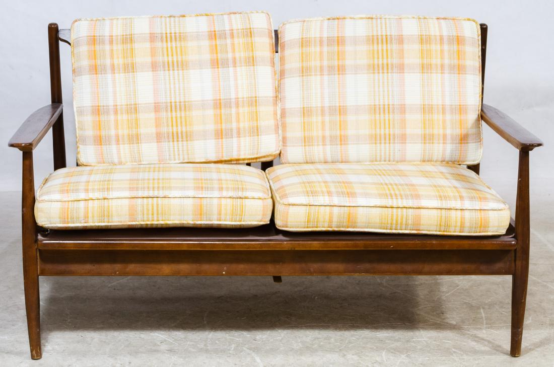 MCM Baumritter Style Settee: MCM Baumritter Style Settee In the Danish style having removable back and seat cushions, metal supports with a cloth covering Height: 27.00 inches, Width: 52.00 inches, Depth: 30.00 inches Category: F
