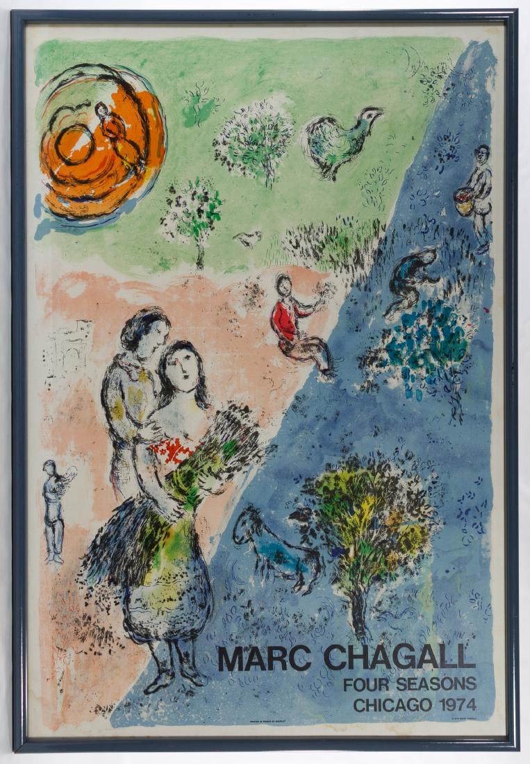 Marc Chagall (French, 1887-1985) 'Four Seasons' Printed: Marc Chagall (French, 1887-1985) 'Four Seasons' Printed Poster 1974 unsigned exhibition poster for a Chicago venue; marked 'printed in Frane by Mourlot' lower center; framed under glass Height: 36.50 